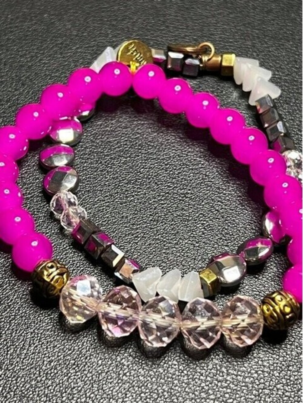 B6466 Erimish 2pc Pink Bead & Crystal Stretch Bracelet Set Stacking Style